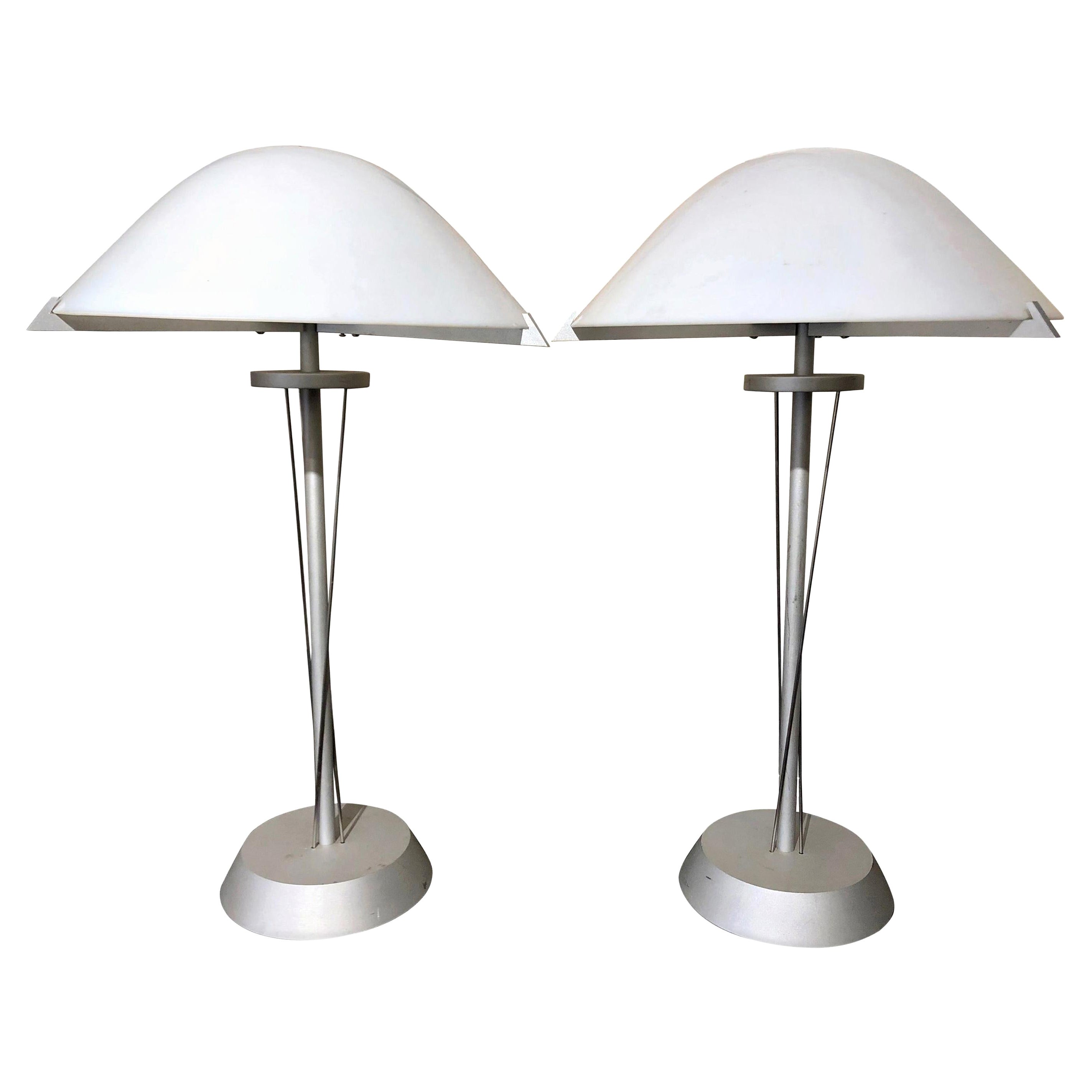 Pair of 20th Century German Postmodern Steel Lamps with White Milk Glass Shades