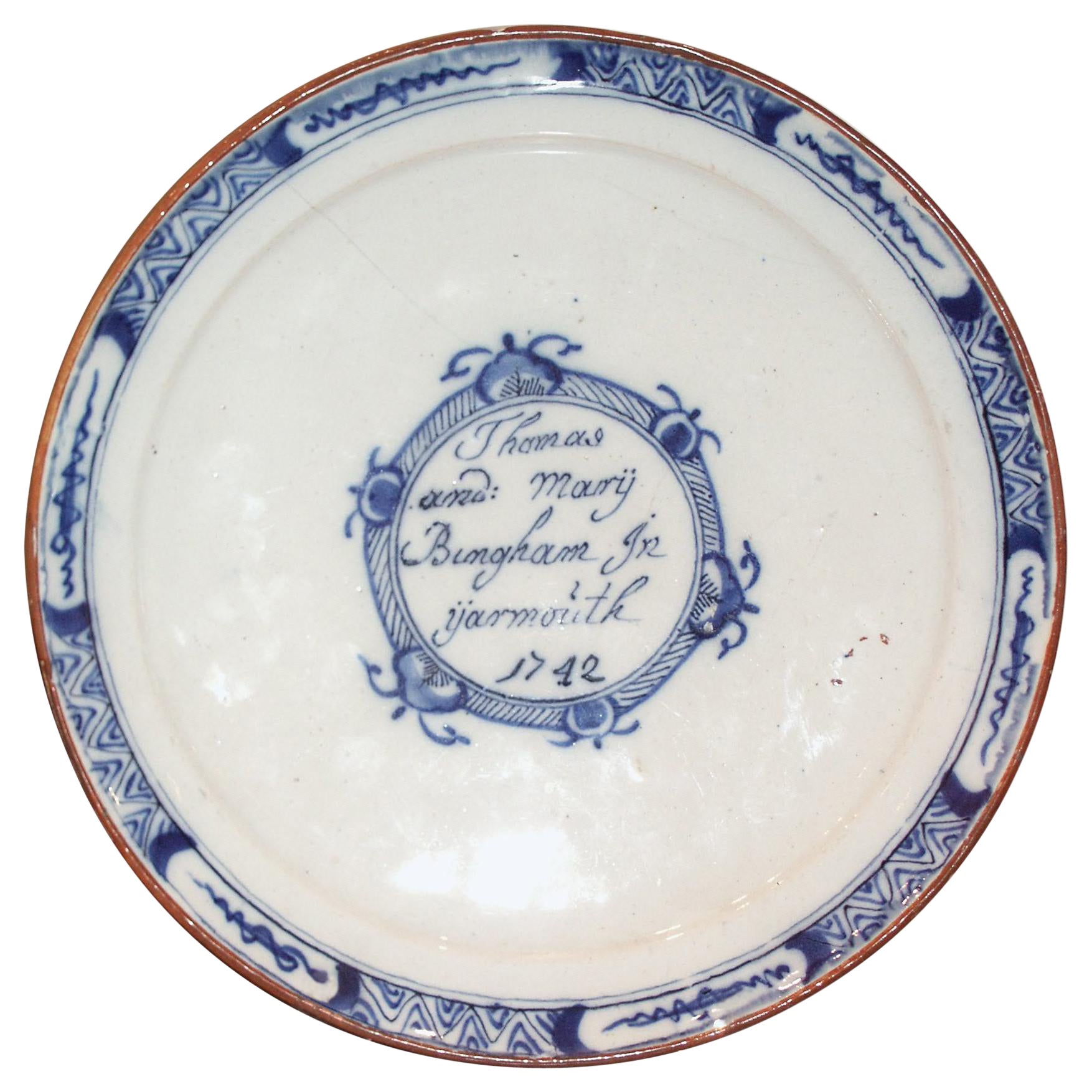 Plate, Delftware, 1742, Dutch, Thomas and Mary Bingham, Yarmouth, 1742, Suffolk For Sale