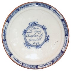 Assiette, faïence de Delft, 1742, néerlandaise, Thomas et Mary Bingham, Yarmouth, 1742, Suffolk