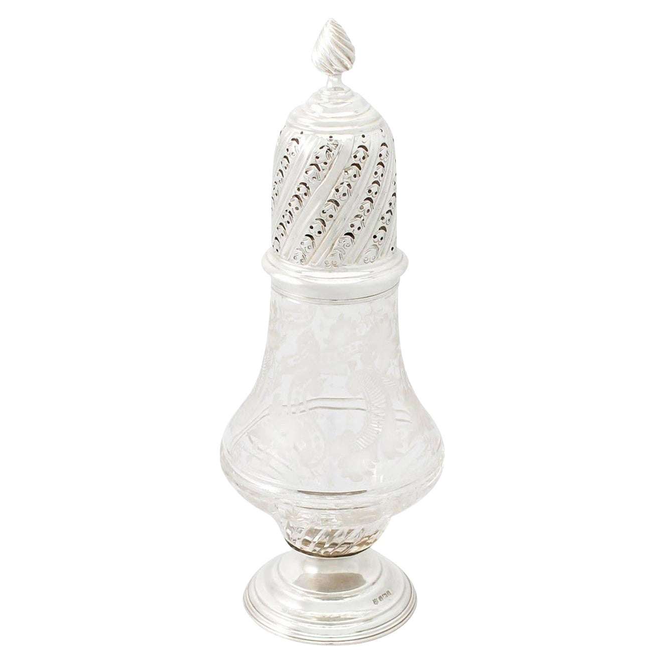 Antigua azucarera eduardiana de vidrio grabado al ácido y plata de ley, 1905