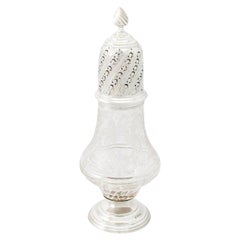 Antique Edwardian Acid Etched Glass and Sterling Silver Sugar Caster, 1905