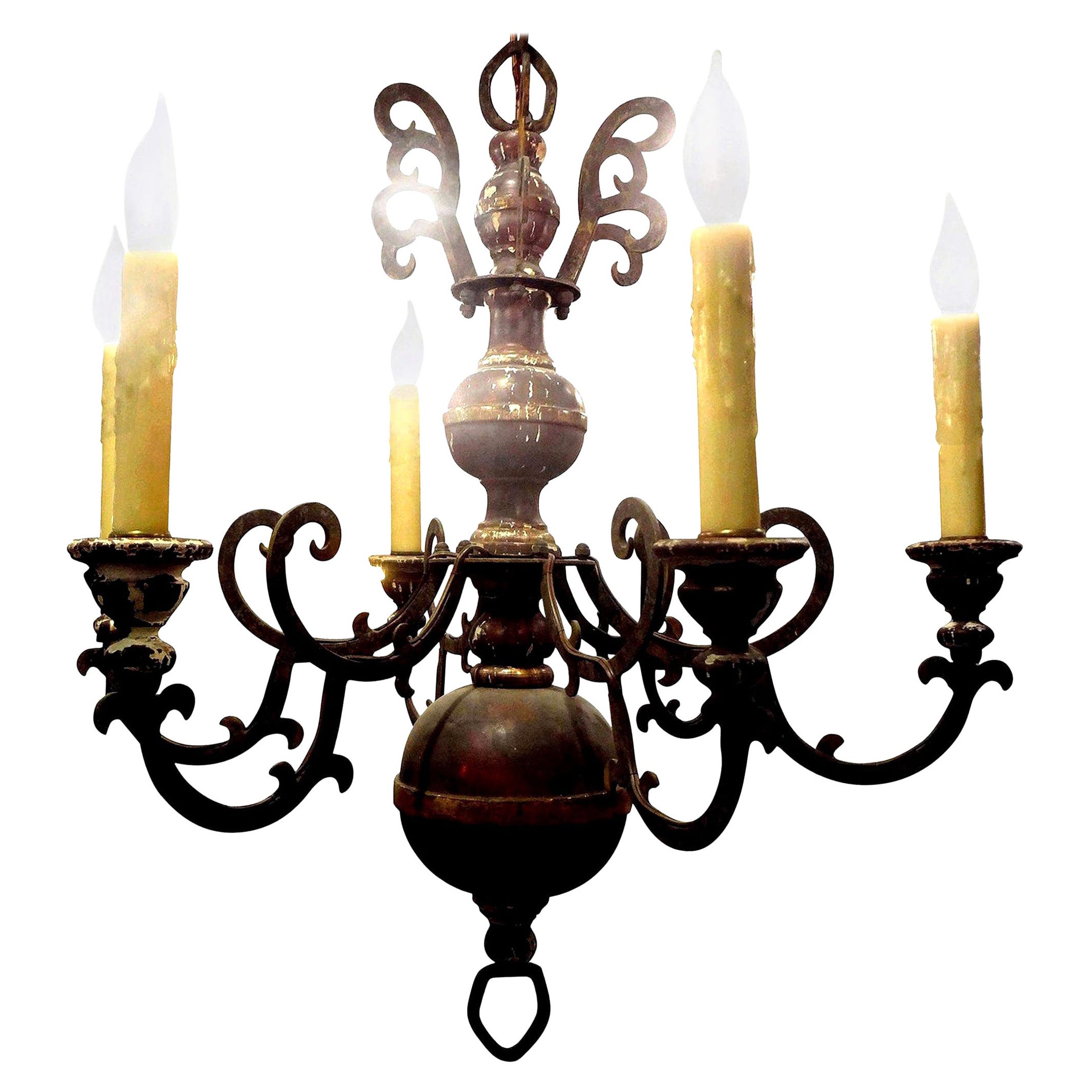Six light painted wood and iron chandelier For Sale at 1stDibs
