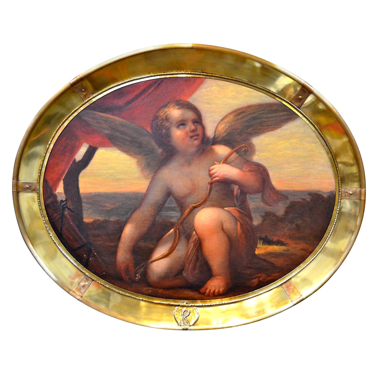 Venetian 17 Century Baroque Oil on Canvas Painting of Kneeling Cupid For Sale