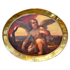 Antique Venetian 17 Century Baroque Oil on Canvas Painting of Kneeling Cupid
