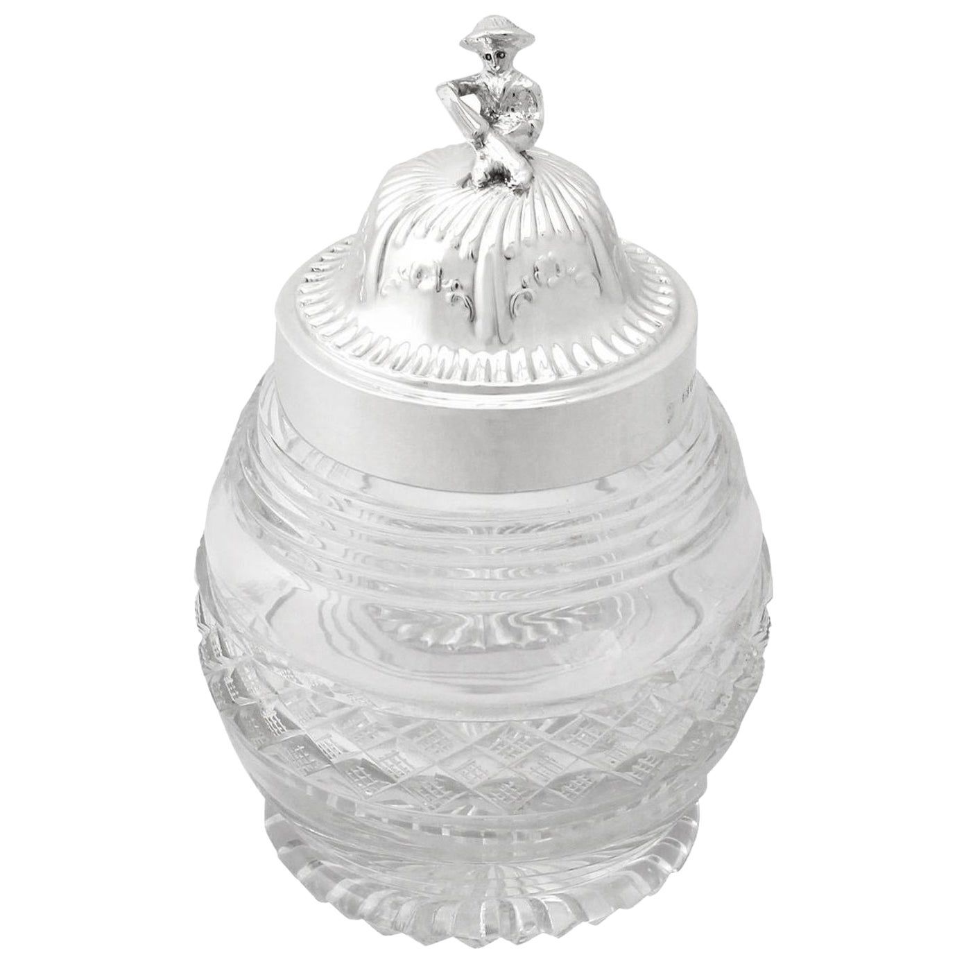 20th Century Antique George V 1915 Sterling Silver and Cut Glass Tea Caddy