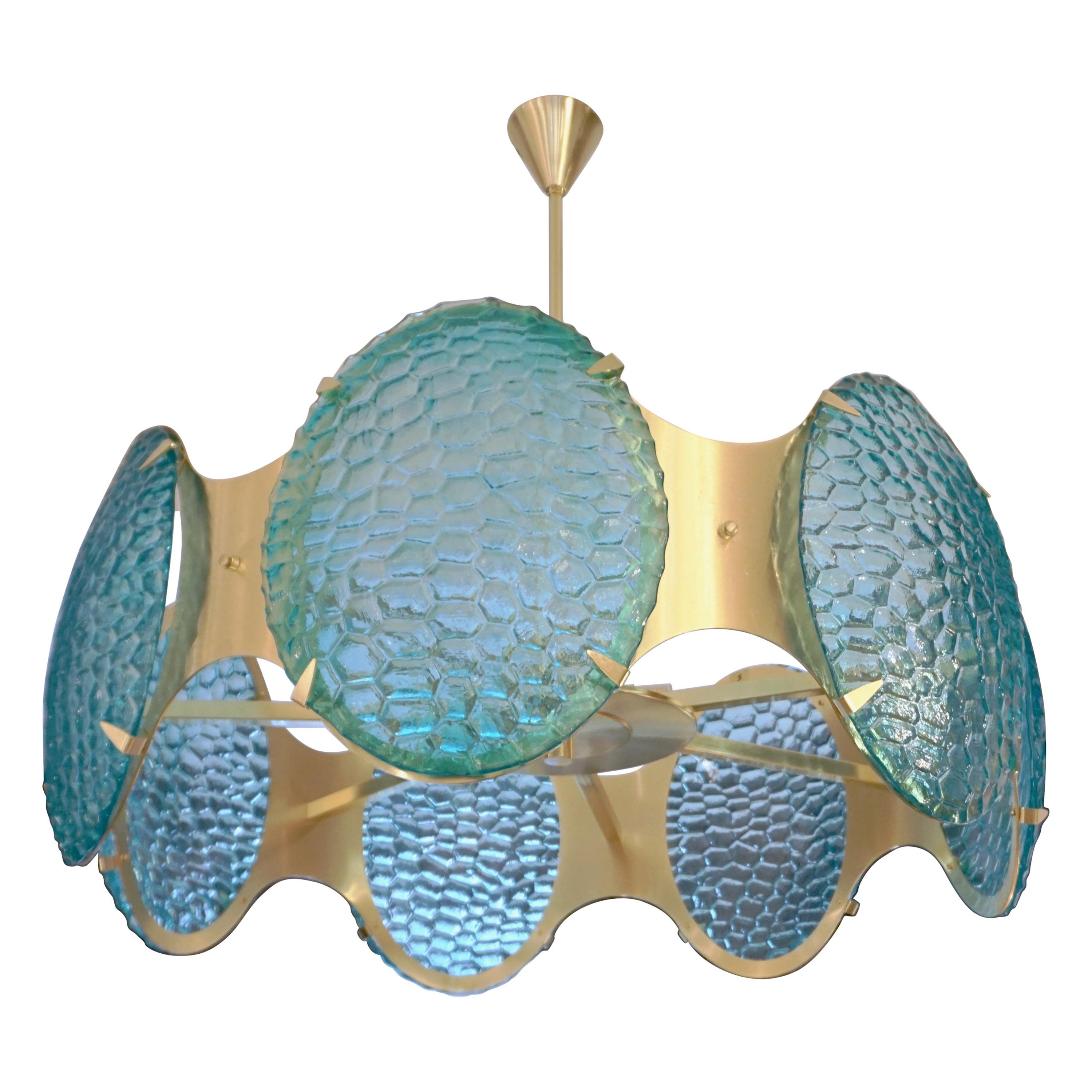 Bespoke Italian Aquamarine Murano Glass Round Brass Chandelier / Flushmount For Sale