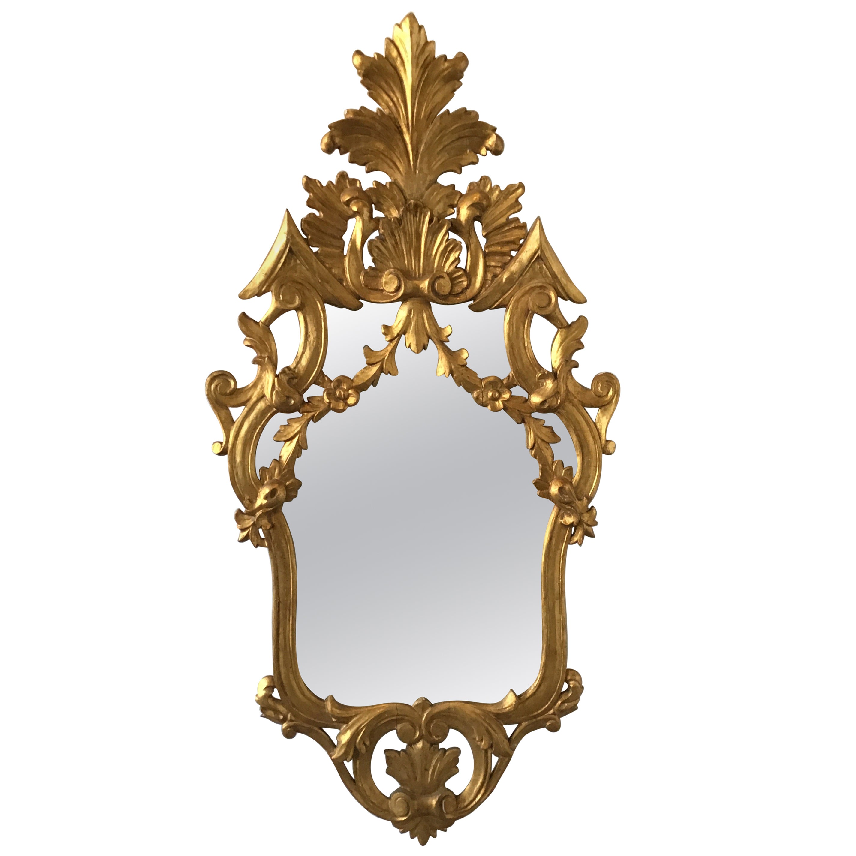 Italian Carved Wood Gold Gilt Trumpeting Angels Beveled Mirror For Sale