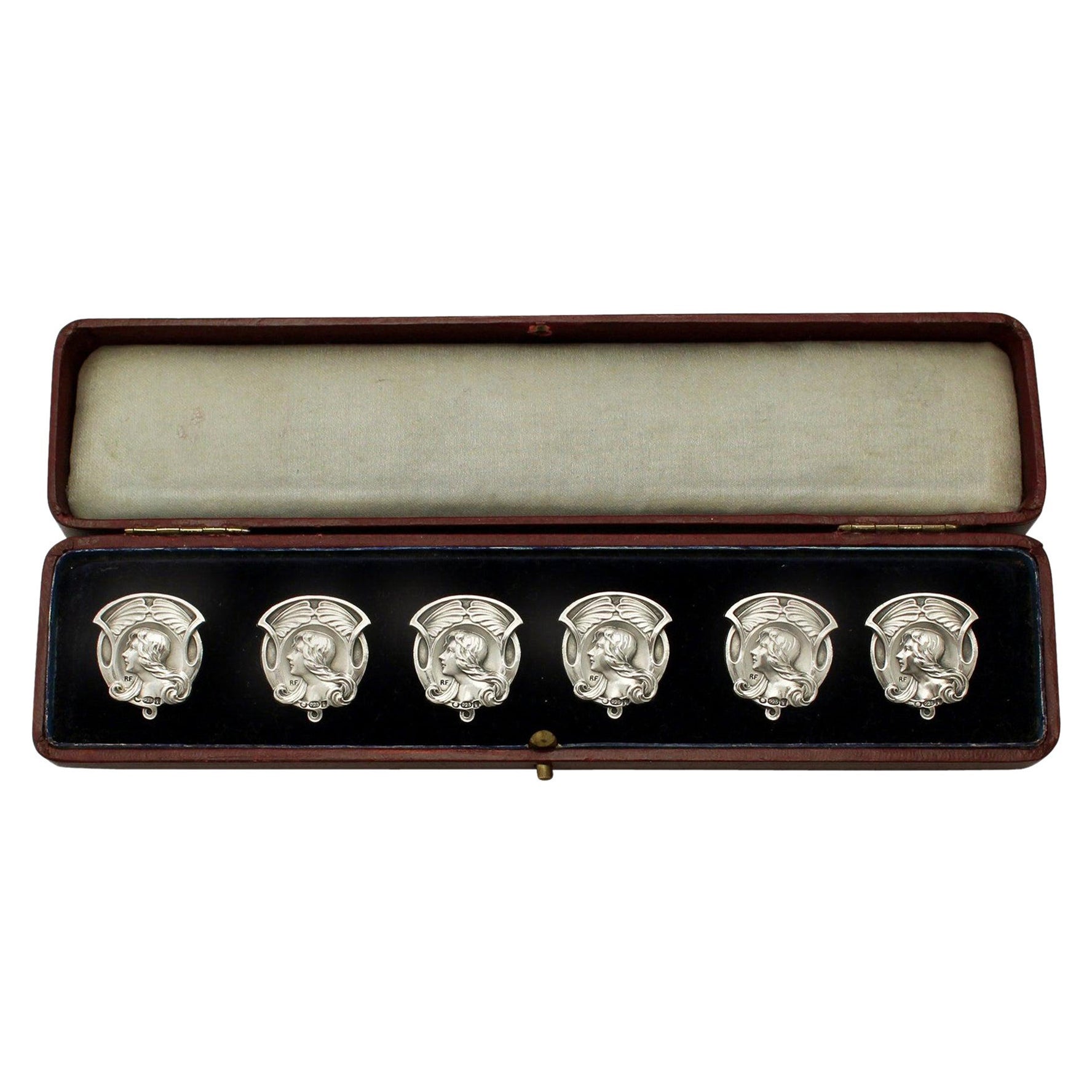Antique Edwardian Art Nouveau Style Set of Six Sterling Silver Buttons For Sale