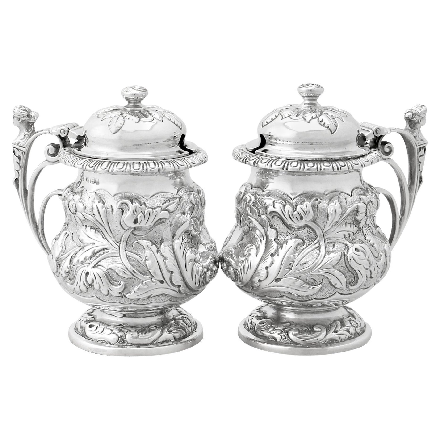 Roberts & Belk Ltd Pareja antigua de tarros ingleses de plata de ley para mostaza