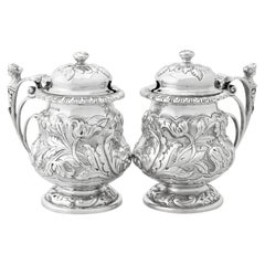 Roberts & Belk Ltd Pareja antigua de tarros ingleses de plata de ley para mostaza