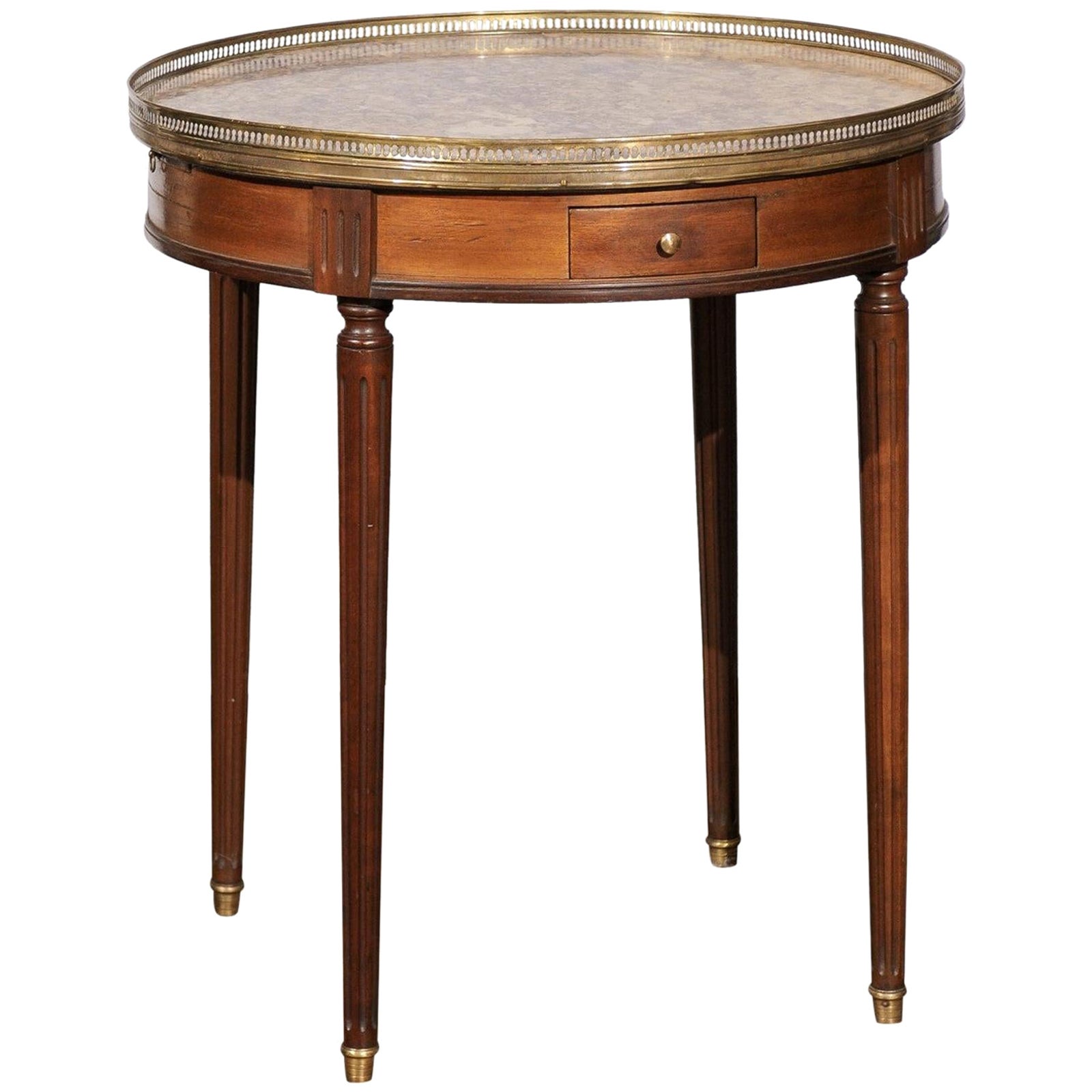 French Louis XVI Style 1890s Bouillotte Table with Marble Top and Brass Gallery For Sale