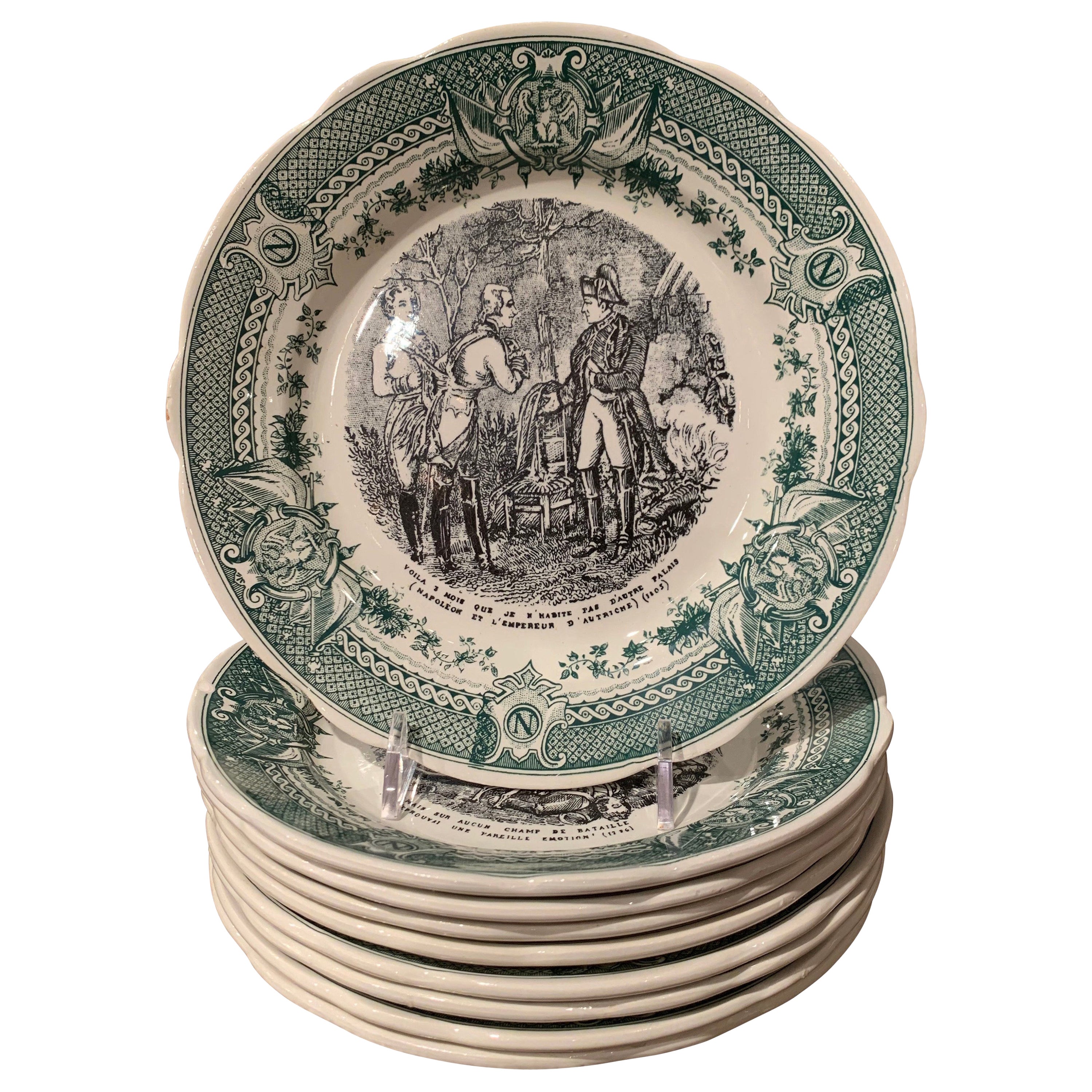 Mid 20th Century French Painted Napoleonic Sarreguemines Ceramic Plates Set Of 9 For Sale At 1stdibs
