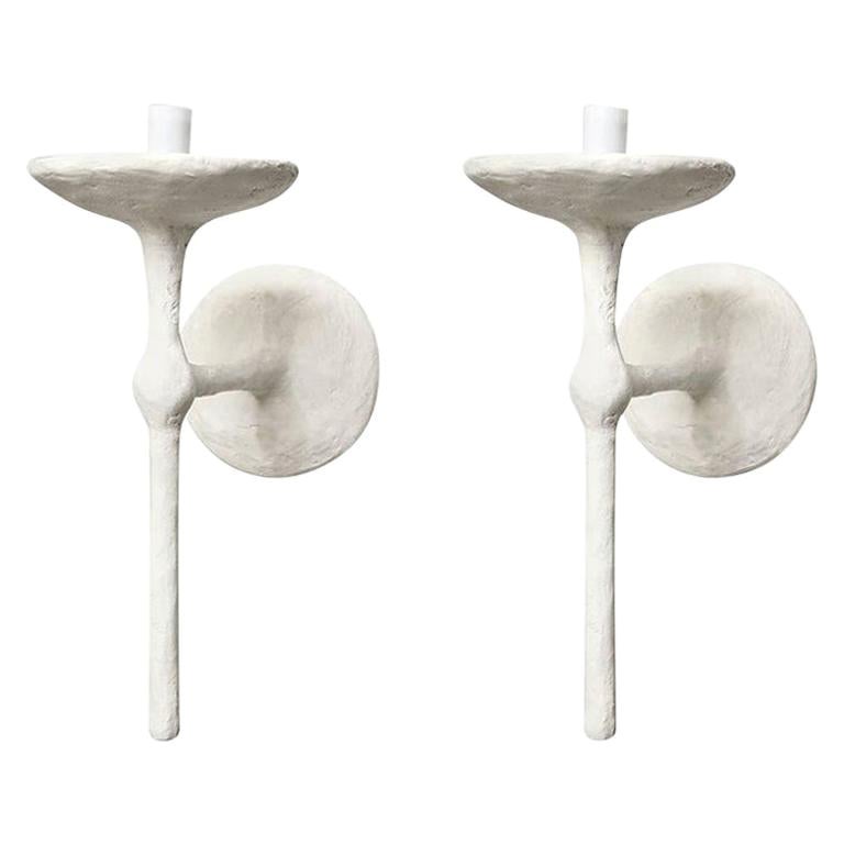 Custom Pair of Single-Arm Plaster Sconces in the Manner of Giacometti For Sale
