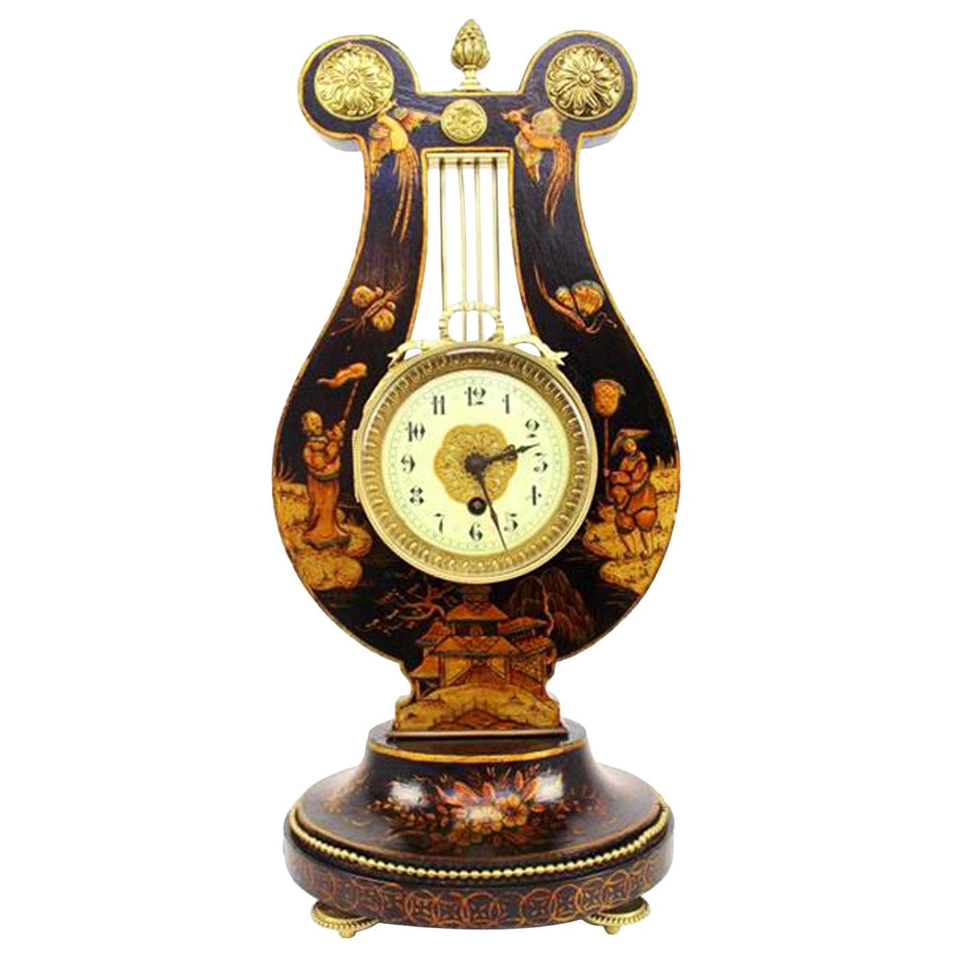 French Louis XV Style Black Chinoiserie Lyre Clock, Guilmet Paris, 19th Century For Sale