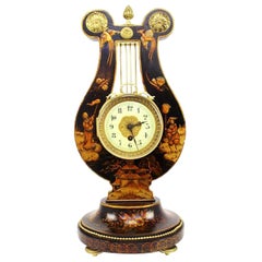 French Louis XV Style Black Chinoiserie Lyre Clock, Guilmet Paris, 19th Century