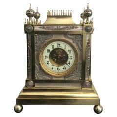 Gothic Style Brass and Silver Filigree Mantel Clock, French, 19th Century