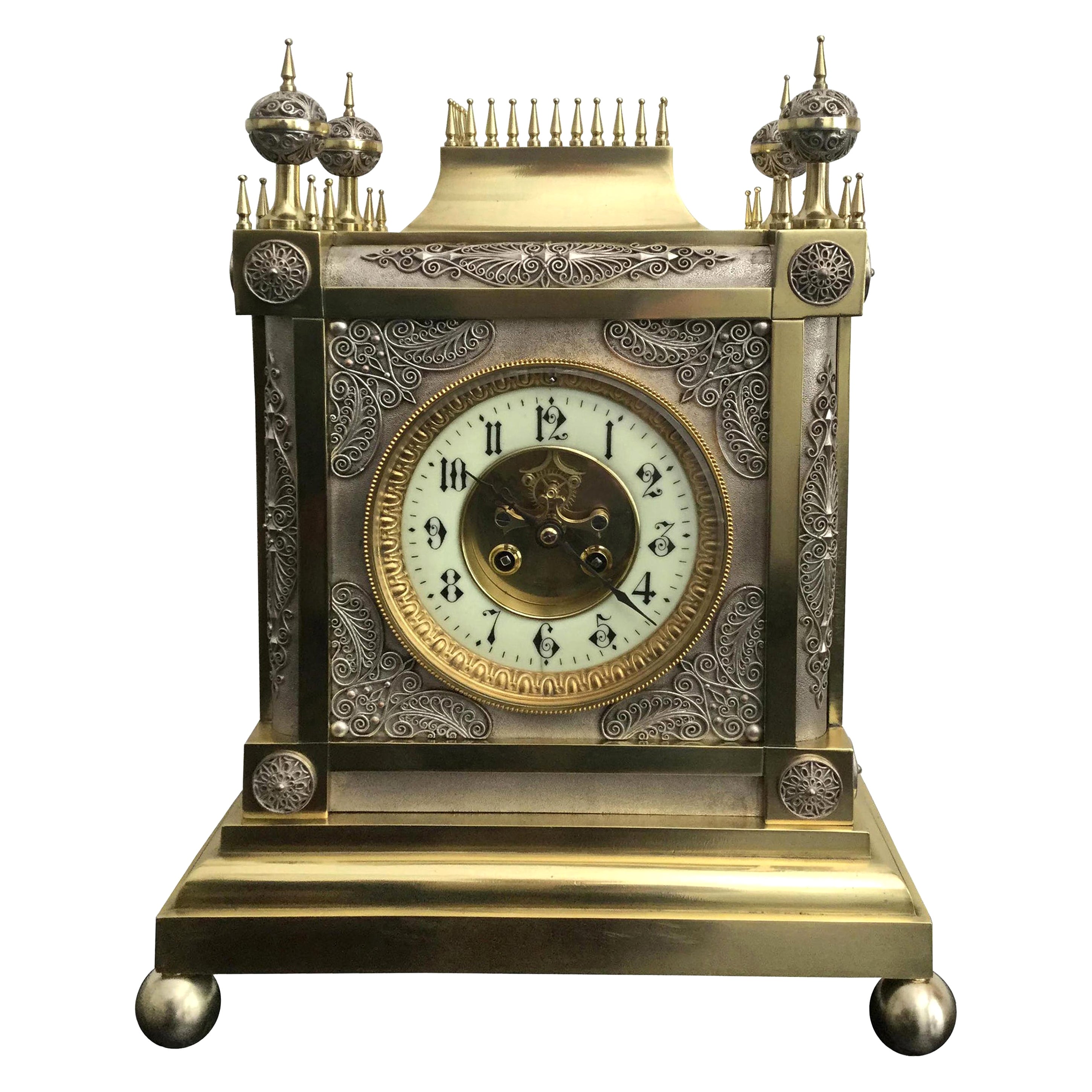 French Gothic Style Brass and Silver Filigree Mantel Clock, 19th Century For Sale