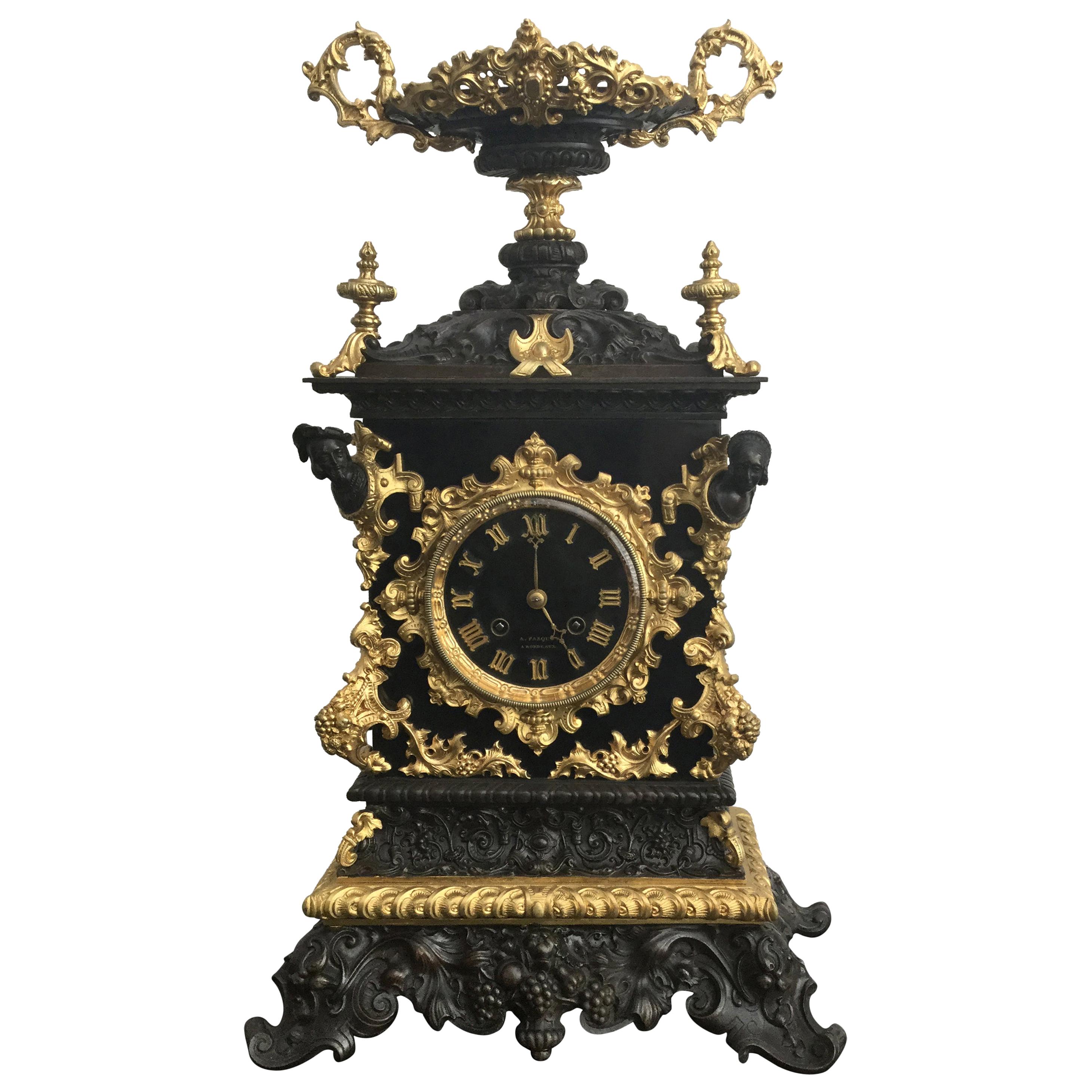 Baroque Style Mantel Clock, Bronze and Black Slate, Bordeaux Maker, 19th Century For Sale