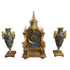 French Gilt Bronze and Champlevé Enamel Clock Set, Japy Freres, circa 1870