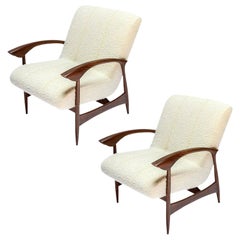 Pair of Custom Walnut Armchairs in Ivory Boucle by Adesso Imports