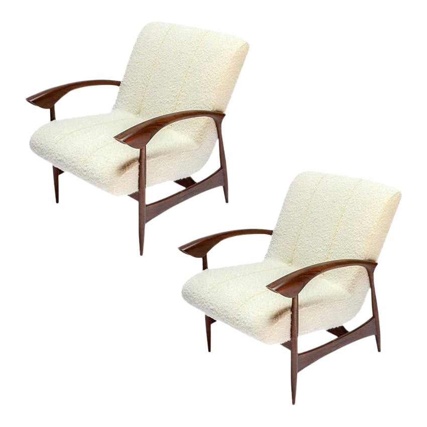 Pair of Custom Walnut Armchairs in Ivory Boucle by Adesso Imports For Sale