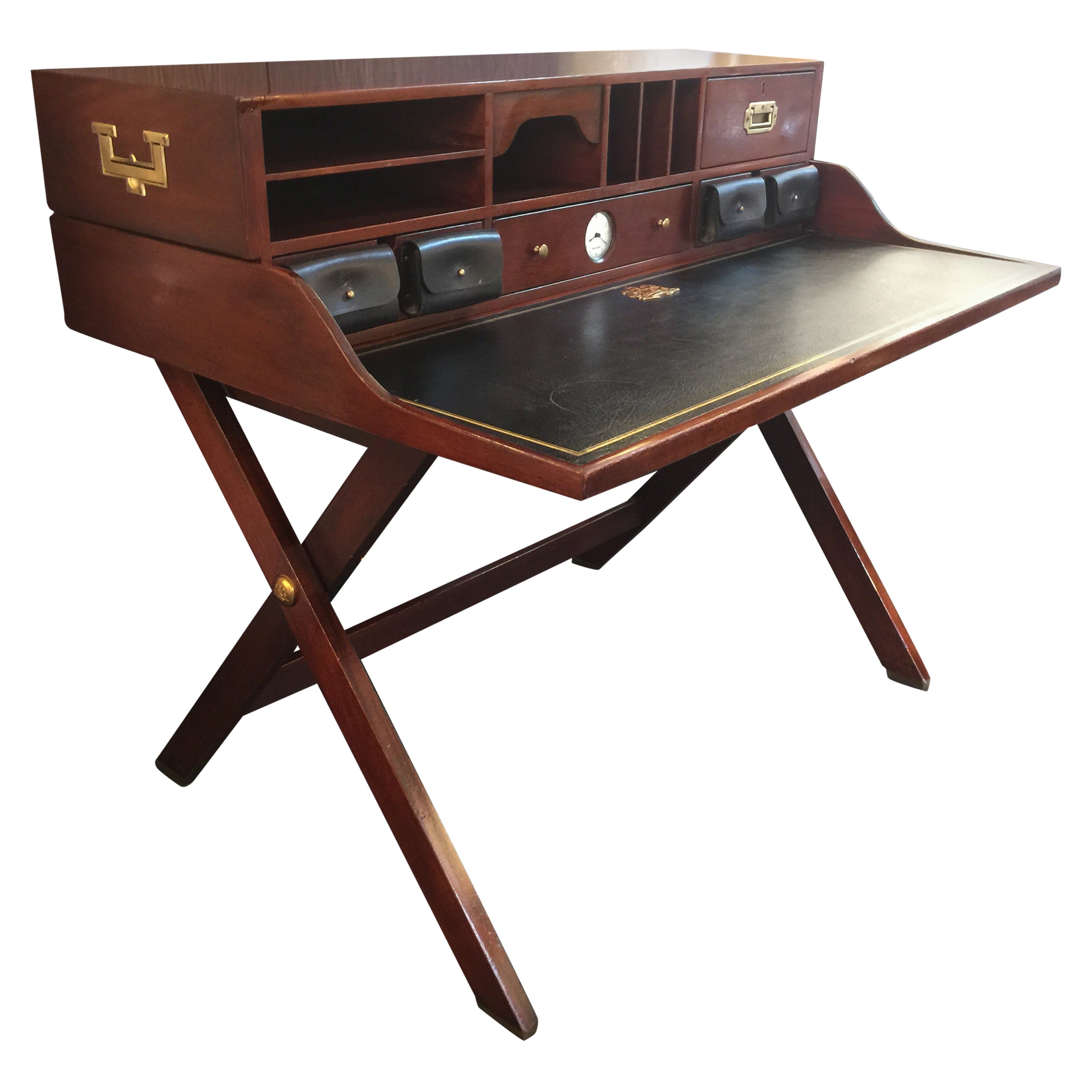 Vintage Campaign Desk with Original Patinated Brass Hardware For Sale