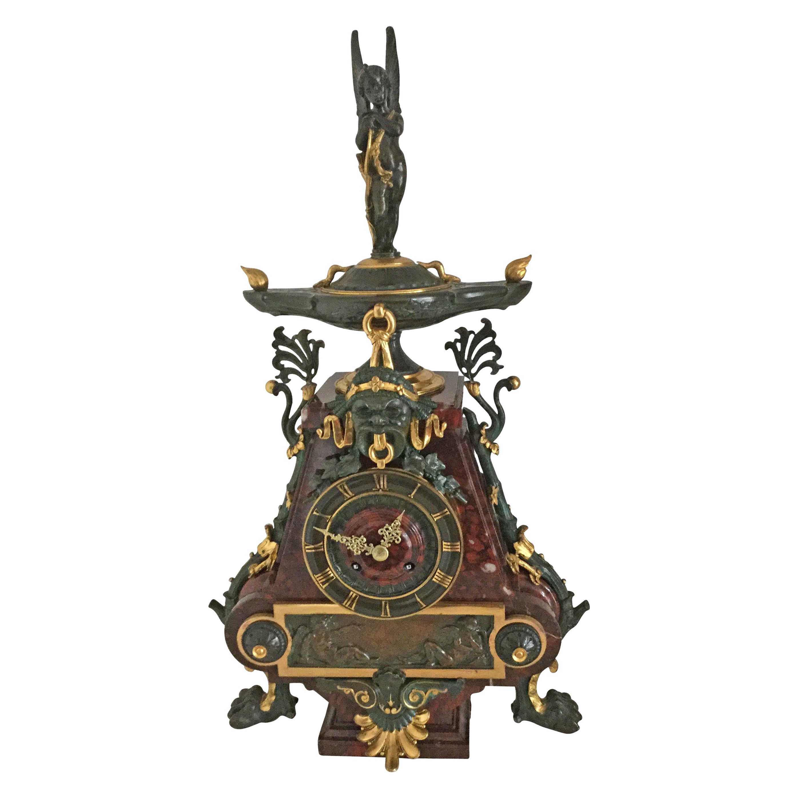 French Gilt Bronze and Rouge Marble Mantel Clock, Charpentier, Paris, circa 1880 For Sale