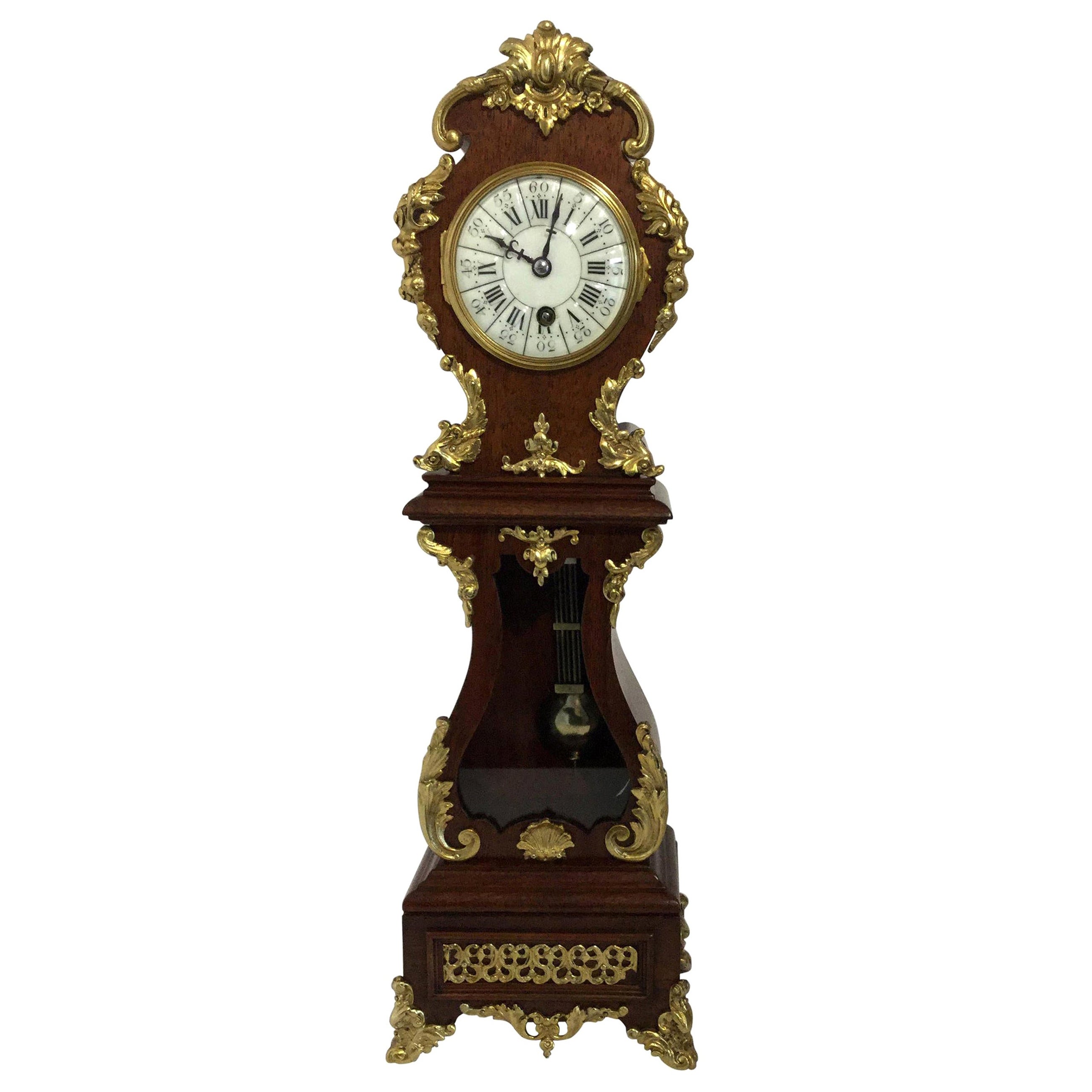 Rococo Style Miniature Longcase Clock, Mahogany Case, circa 1870 For Sale