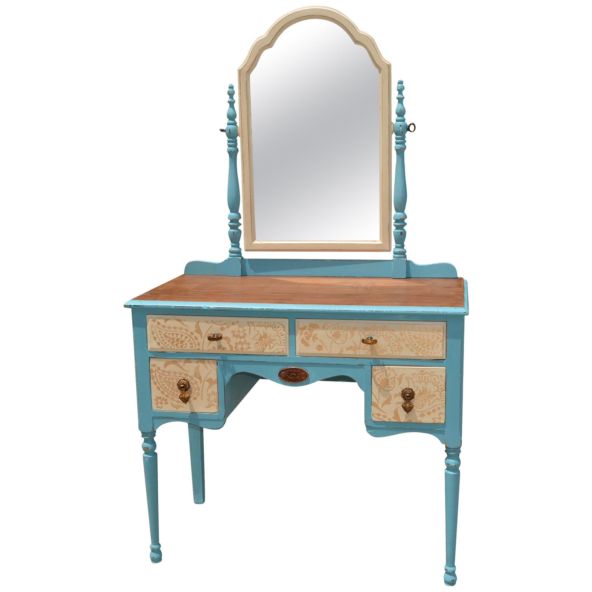 Painted Wood Makeup Vanity Desk With Mirror And Upholstered Chair