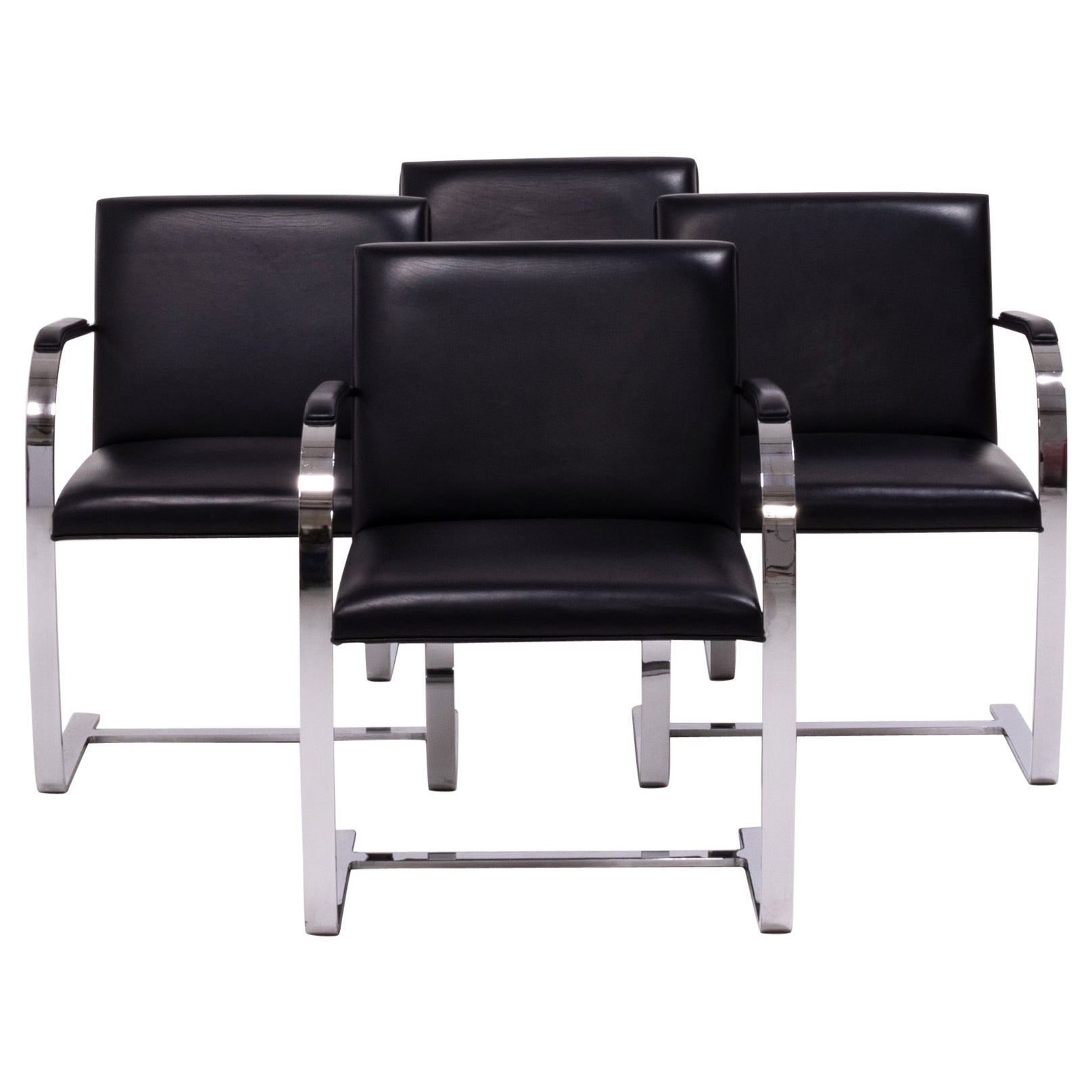 Pair of Knoll Studio Flat Bar Brno Chairs Stainless Steel Black Leather