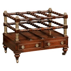 English 1940s Mahogany Magazine Rack on Casters with Faux Bamboo Accents