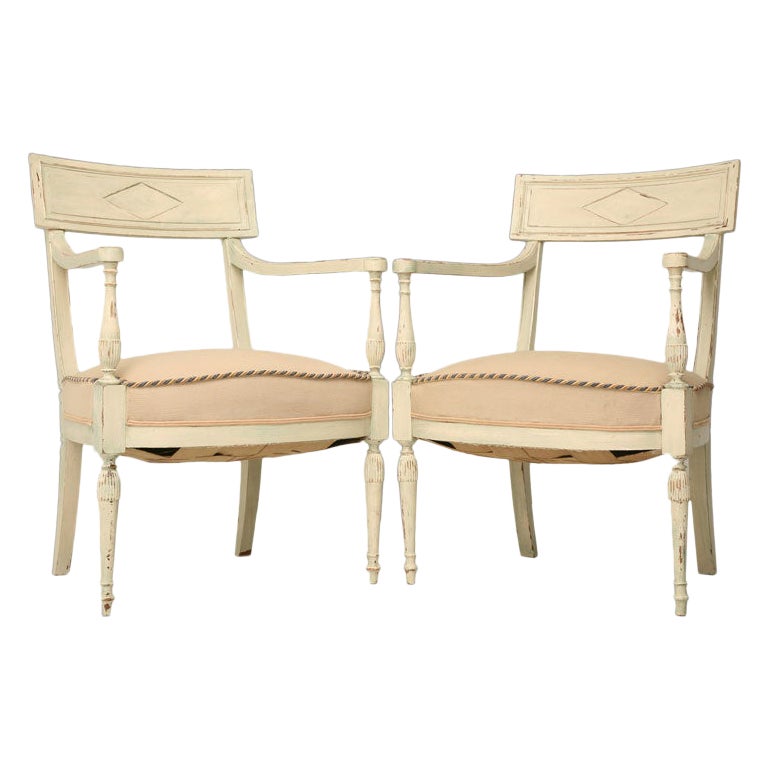 Antique Pair of French Directoire Style Arm Chairs in Light Celadon Green Paint For Sale