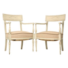 Antique Pair of French Directoire Style Arm Chairs in Light Celadon Green Paint