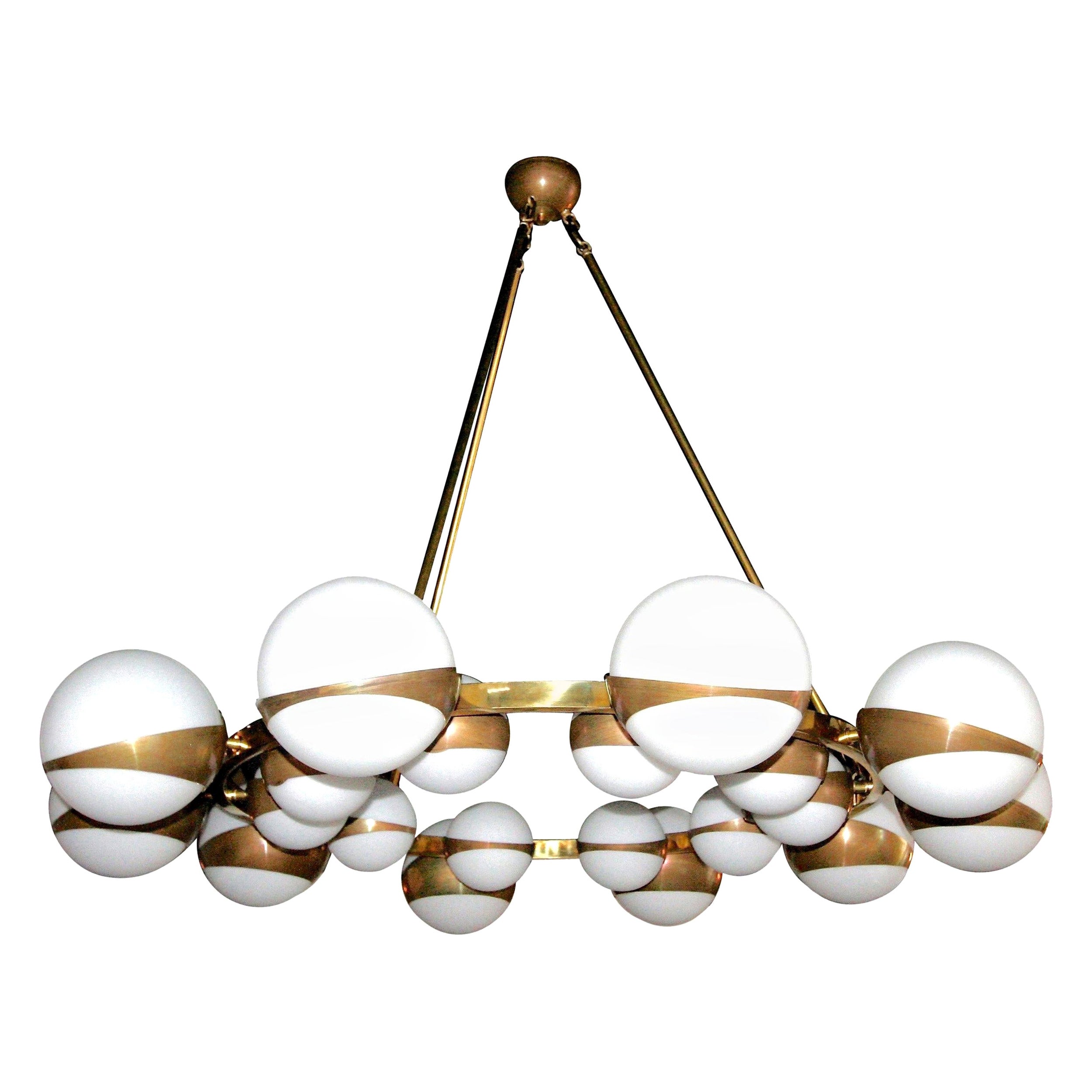 Round Globe Chandelier with White Glass Balls on Brass Frame For Sale