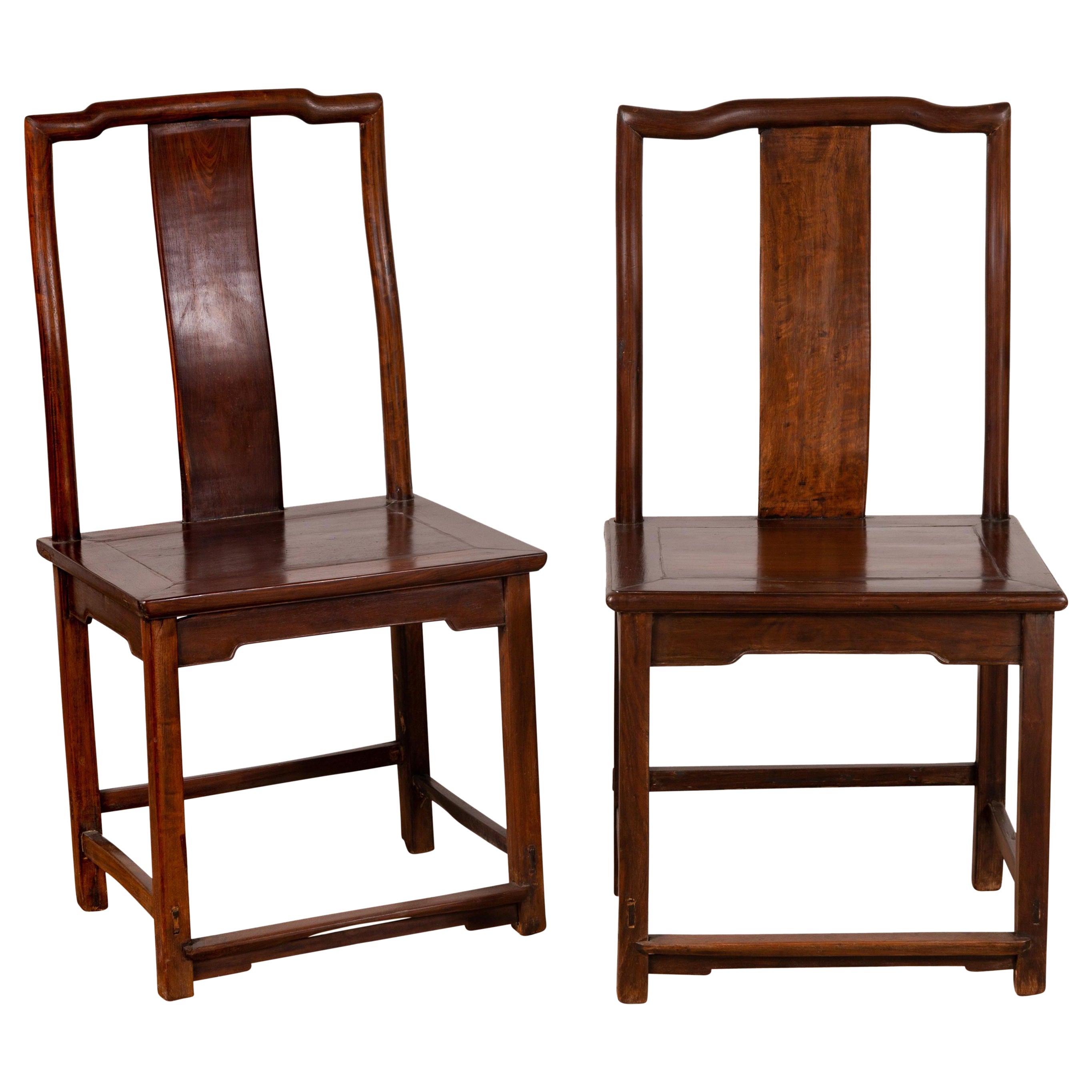 Pair of Antique Late Qing Dynasty Elmwood Scholar's Chairs with Sinuous Back