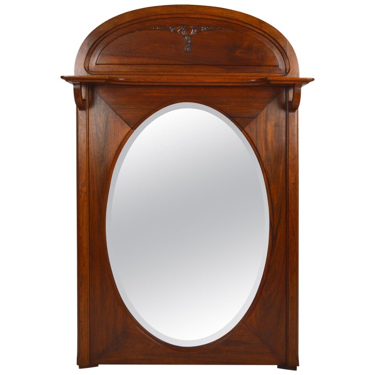 French Art Nouveau Fireplace Mantel Mirror Carved Walnut On A Fruit Theme 1910