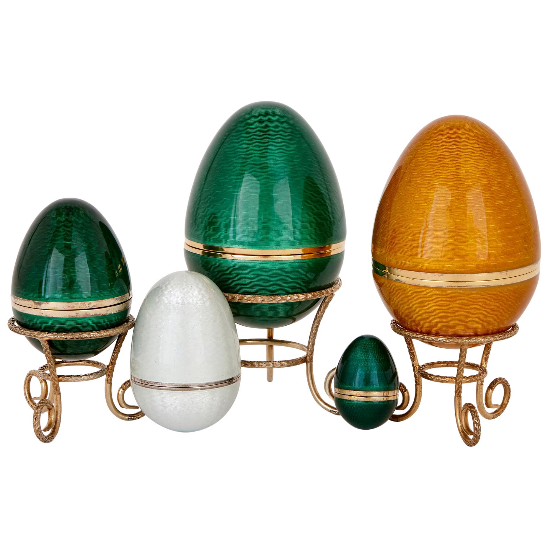 Set of Five Silver, Silver-Gilt and Guilloché Enamel Egg Containers