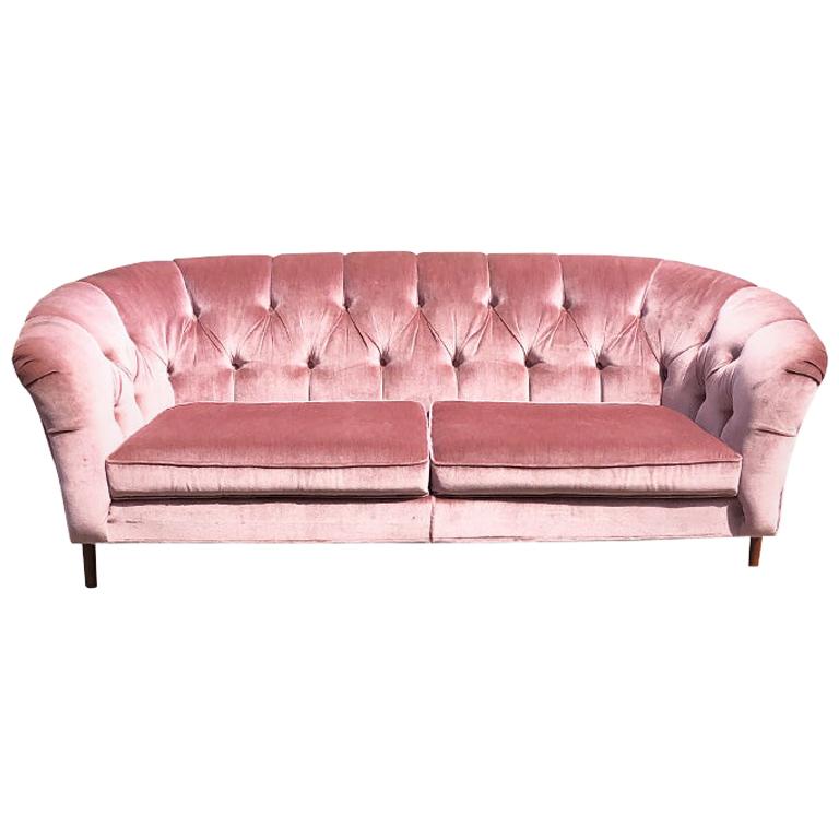 Hollywood Regency Style Long Pink Or Mauve Vintage Tufted Sofa With Two Cushions