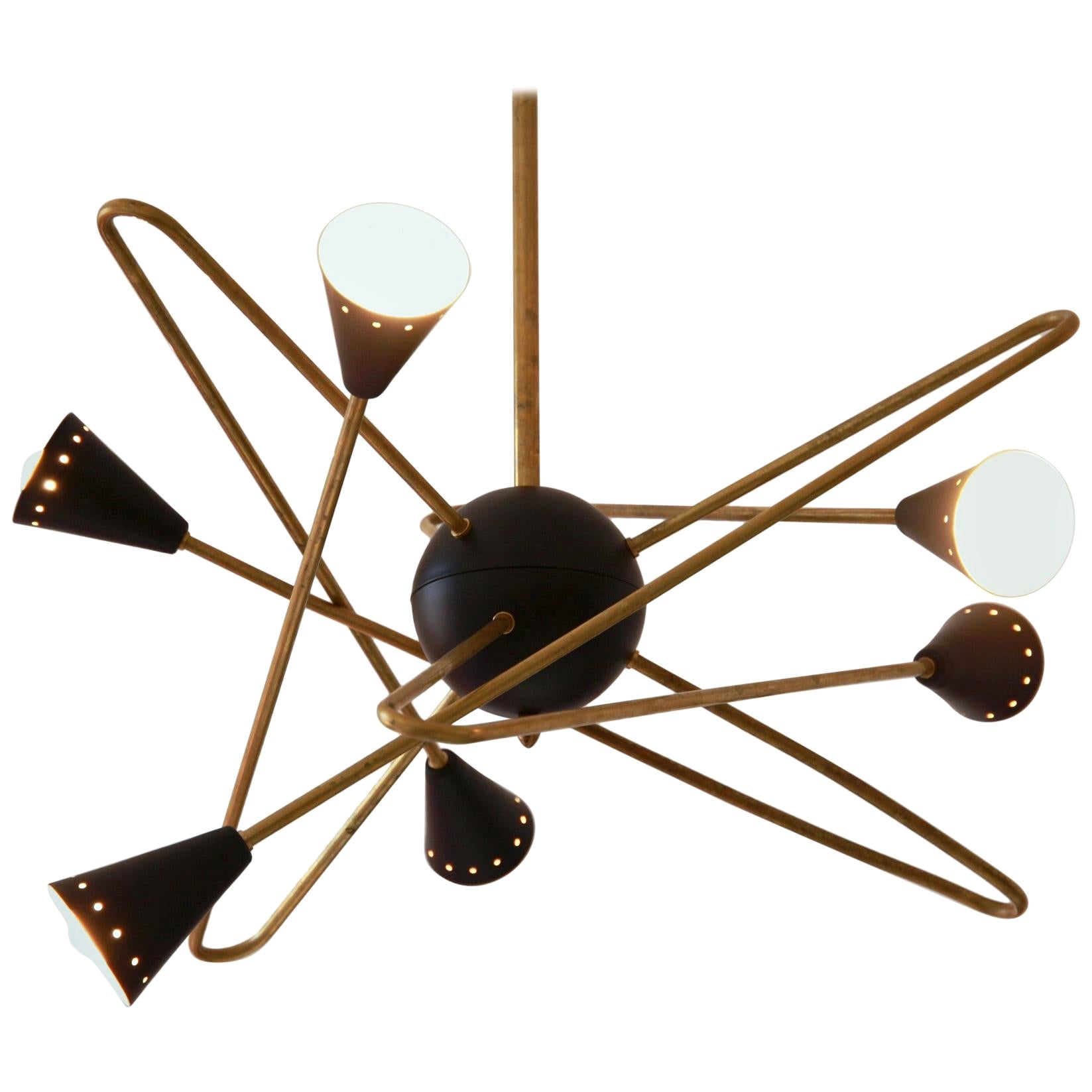 Sculptural Six Arms Brass Chandelier, Black Shades, Stilnovo Stile