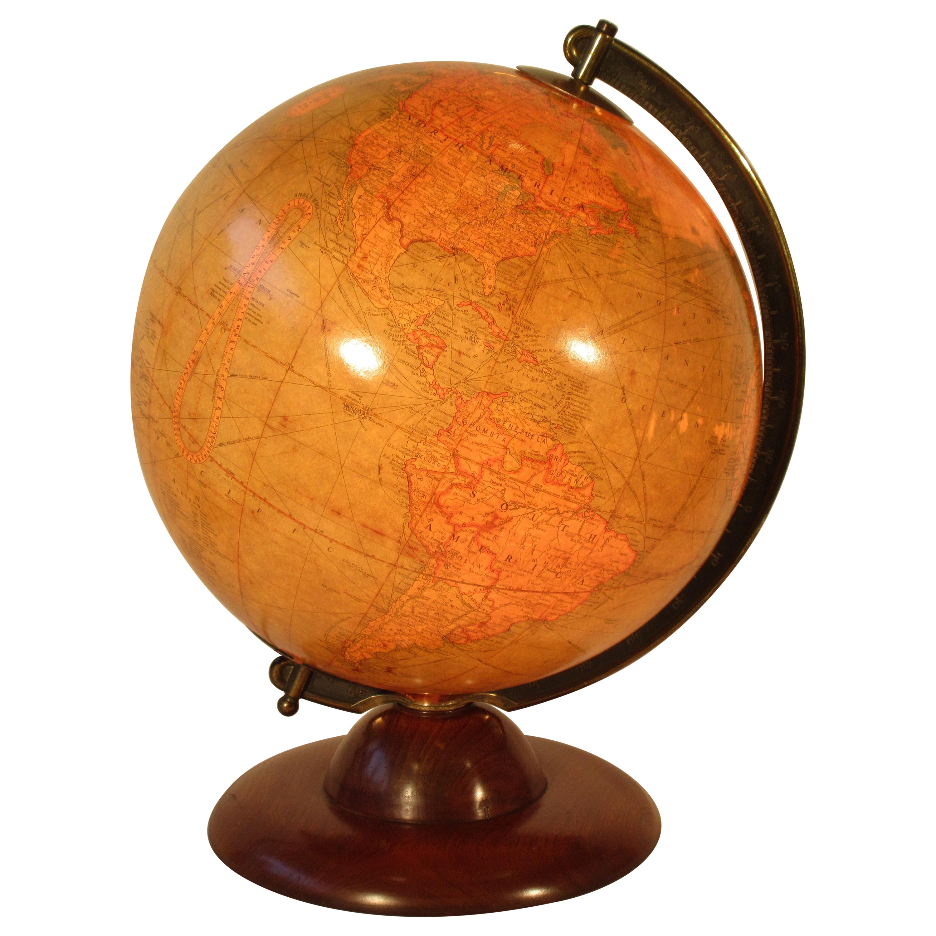 1940s Replogle Light Up Library Glass Globe On Wood Base  For Sale