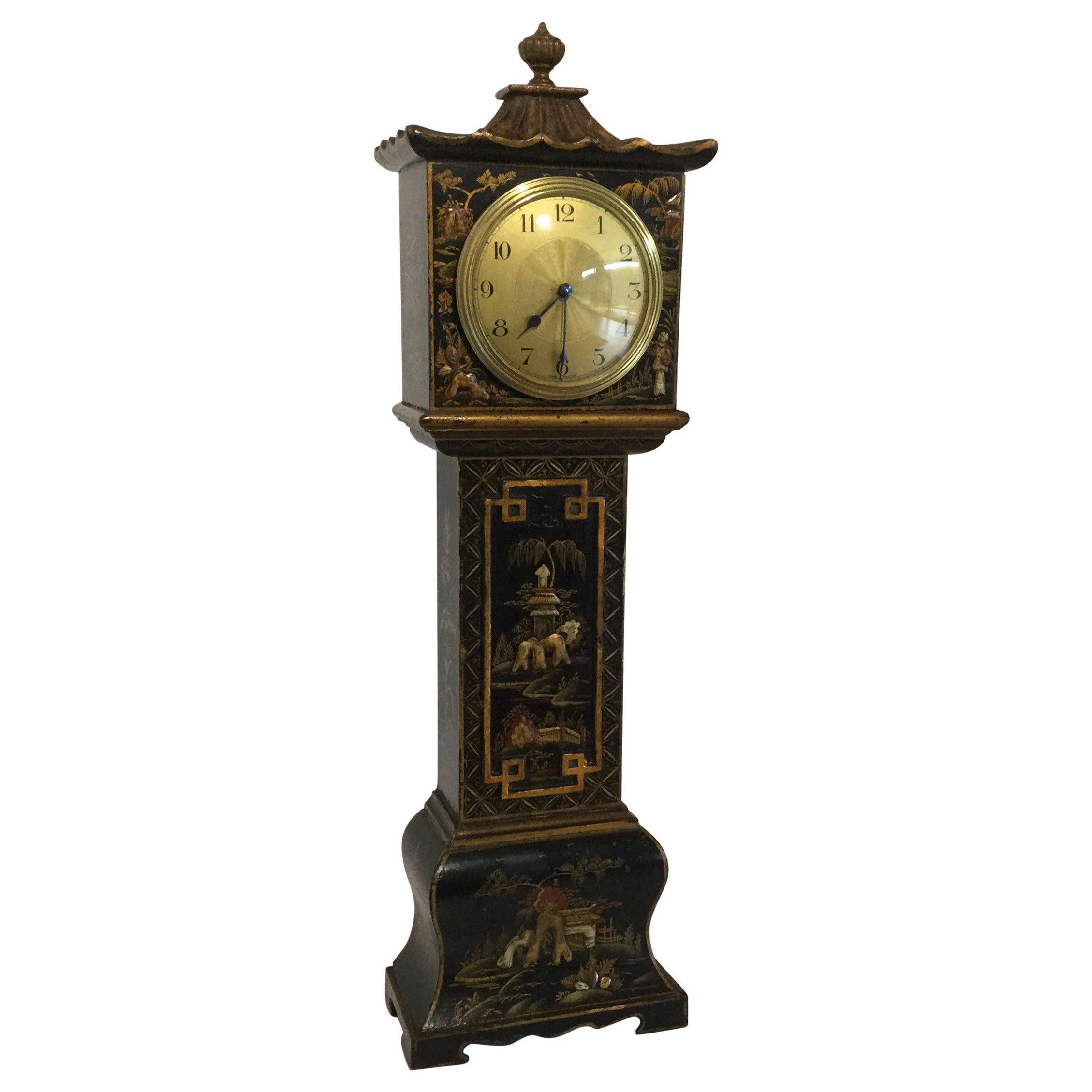 English Black Chinoiserie Miniature Longcase Clock, Early 20th Century