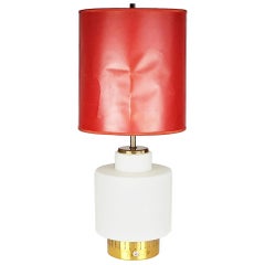Retro Brass & Opaline Glass 3 Lights 1959 Table Lamp by Stilnovo with Red Paper Shade