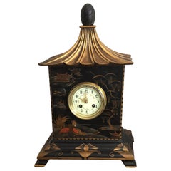Antique Black Chinoiserie Chiming Pagoda Clock, French Movement, circa 1880