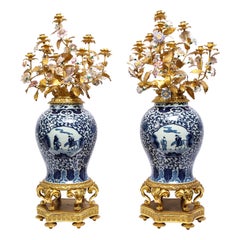 Pair of French Ormolu Mounted Chinese Blue & White Porcelain Ten Arm Candelabras