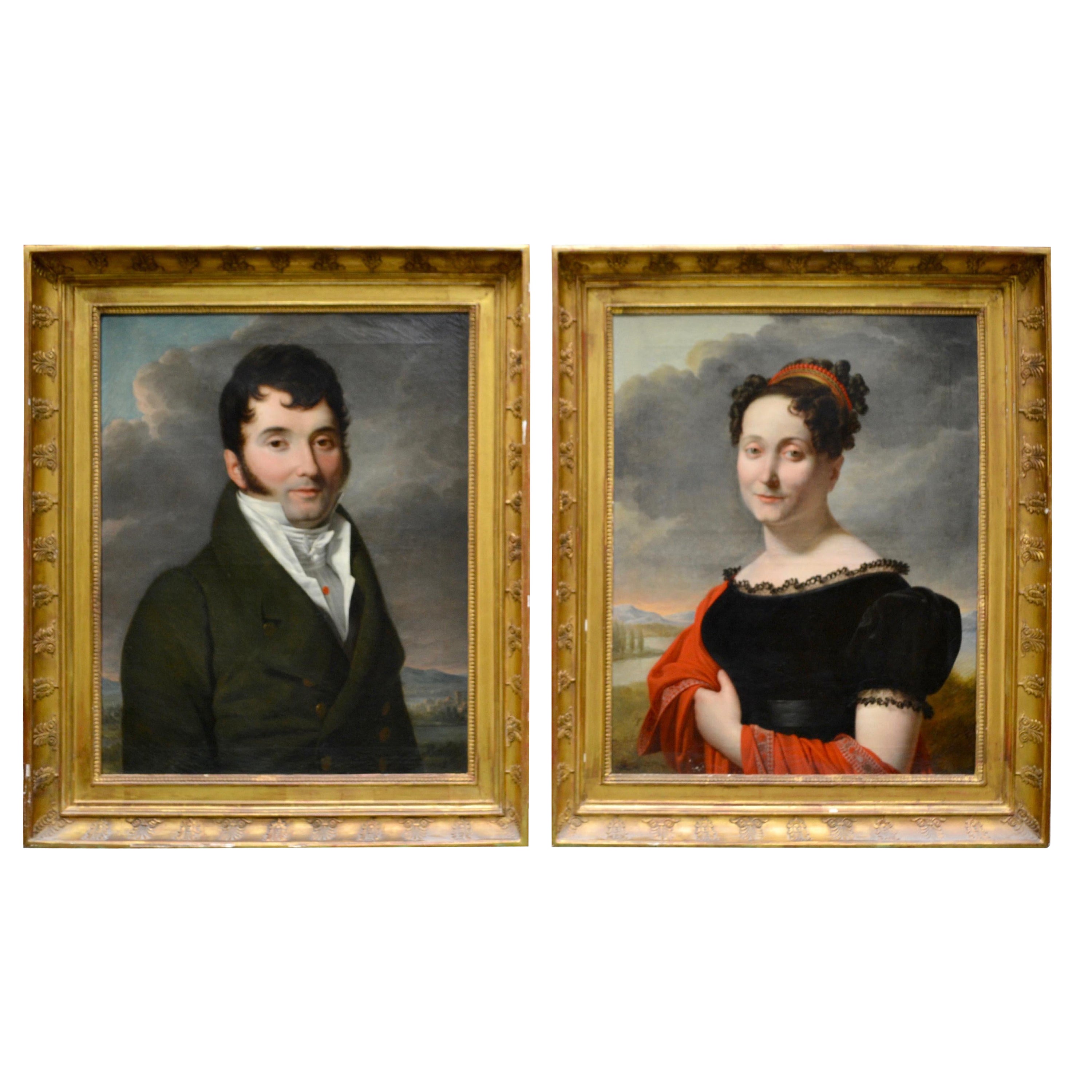 Pair of French Empire Portraits of an Aristocratic Couple by Antoine Borel For Sale
