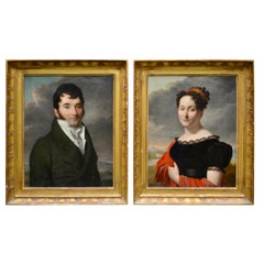 Paire de portraits d'un couple aristocrate de l'Empire français par Borel datés de 1819