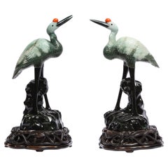 Antique Pair Chinese Mottled Light Green Jadeite Carvings, Cranes on Carved Wood Stands