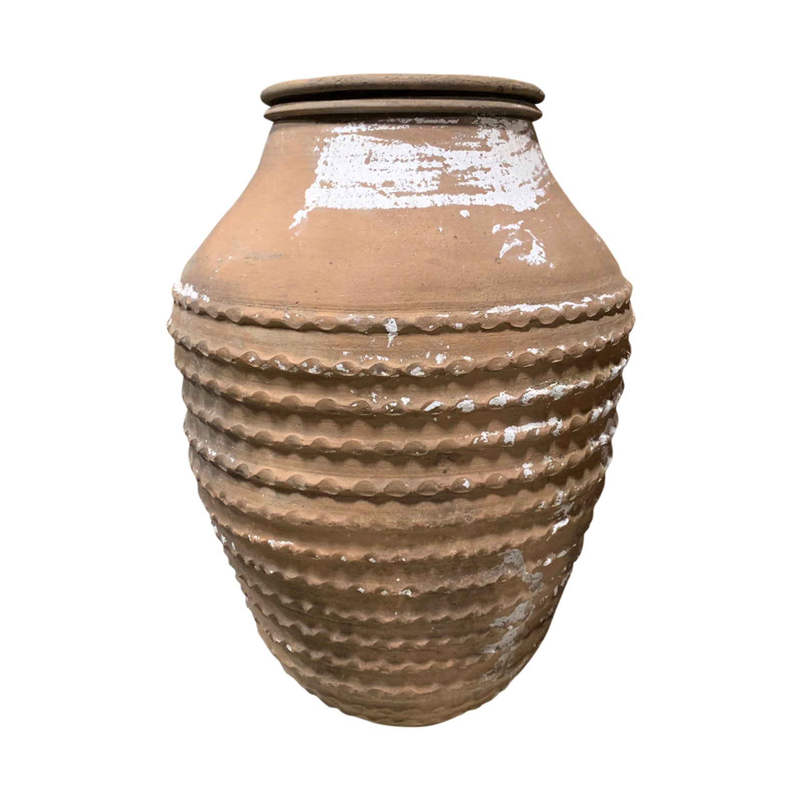 Greek Early 19th Century Round Terracotta Olive Jar with Ribbed Body and Glaze For Sale at 1stDibs