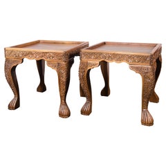 Vintage Pair Small Square Carved Wood Indian Tables