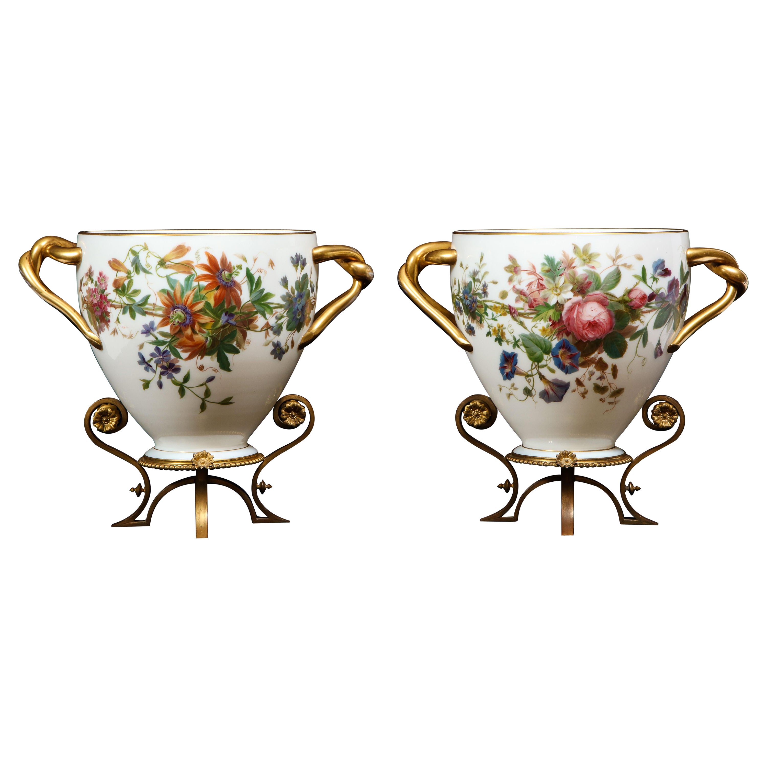 Important Pair of Enamel Hand-Painted White Opaline Vases Signed by Baccarat For Sale